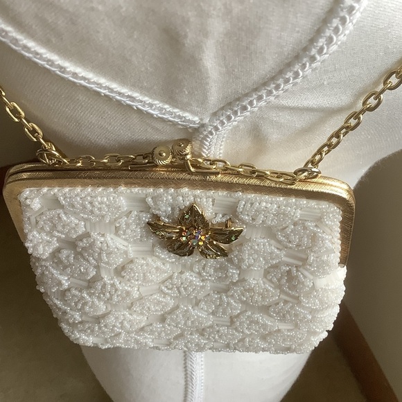 White Beaded Evening Bag with Gold Chain and Bejeweled  Flower - Picture 14 of 14